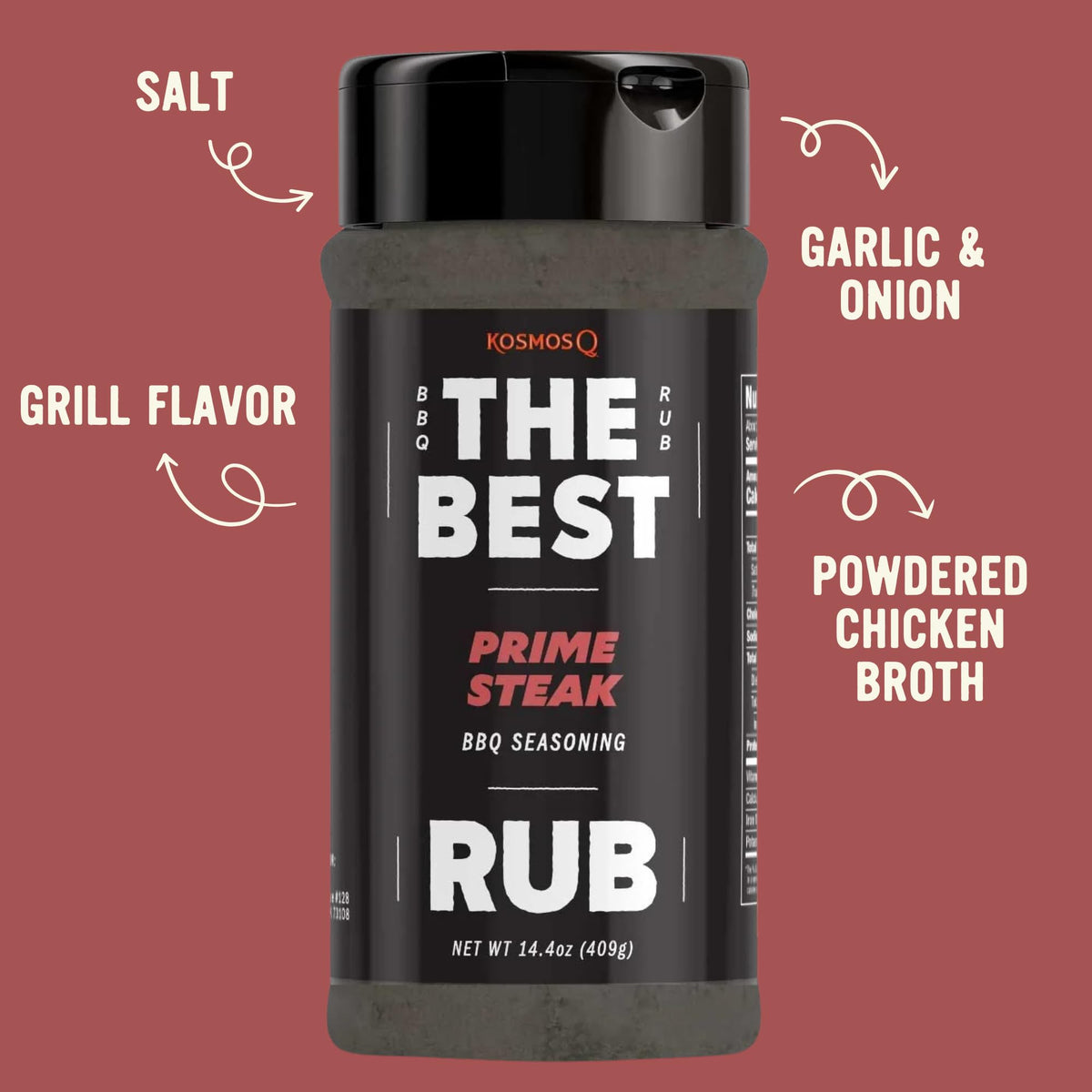 Kosmos Q The Best Prime Steak Rub being sprinkled onto meat for easy seasoning