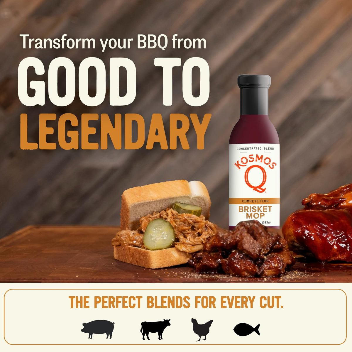 Kosmos Q Brisket Mop ingredients like brown sugar and spices shown.