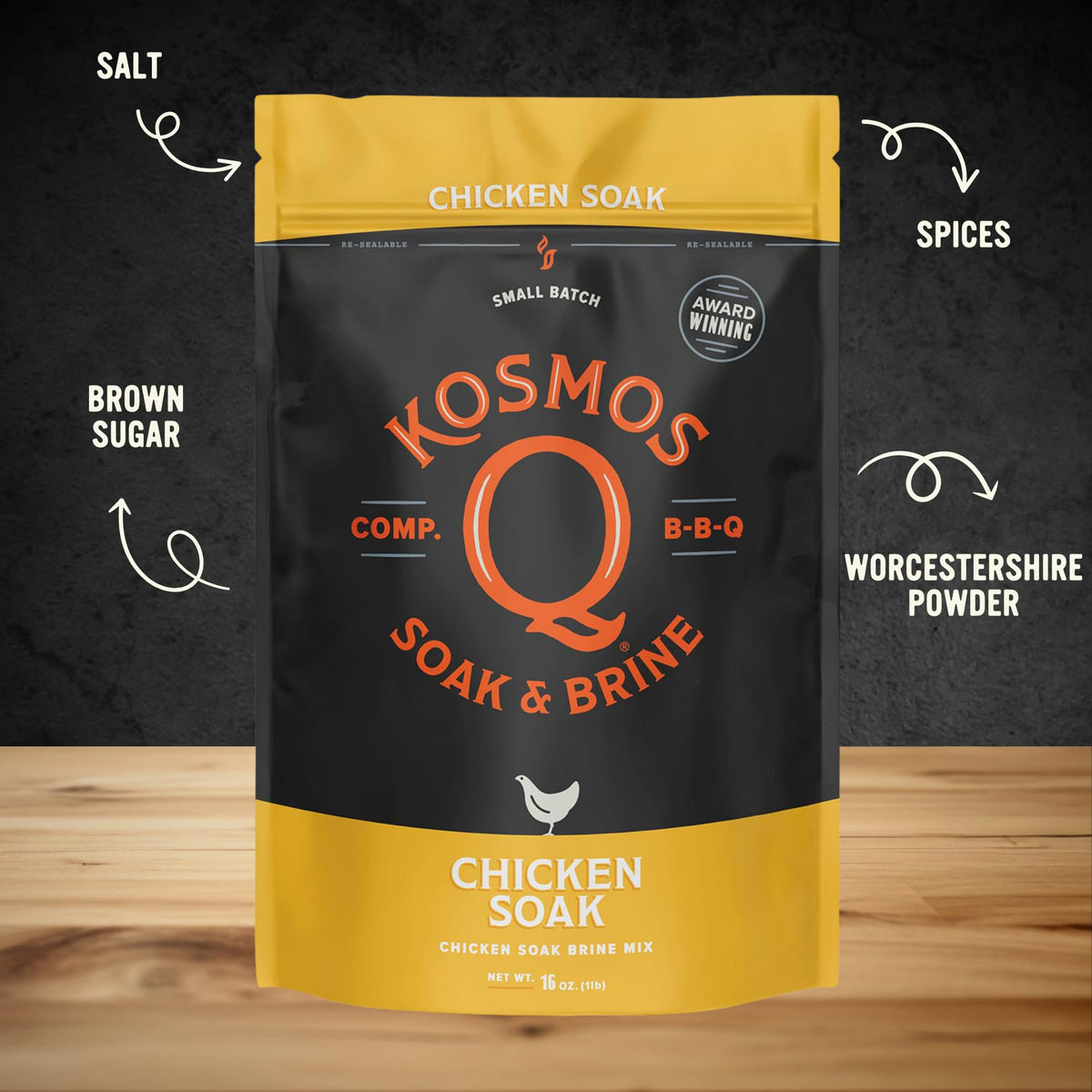 Kosmos Q chicken brine blend powder for deep flavor and juiciness in grilling.