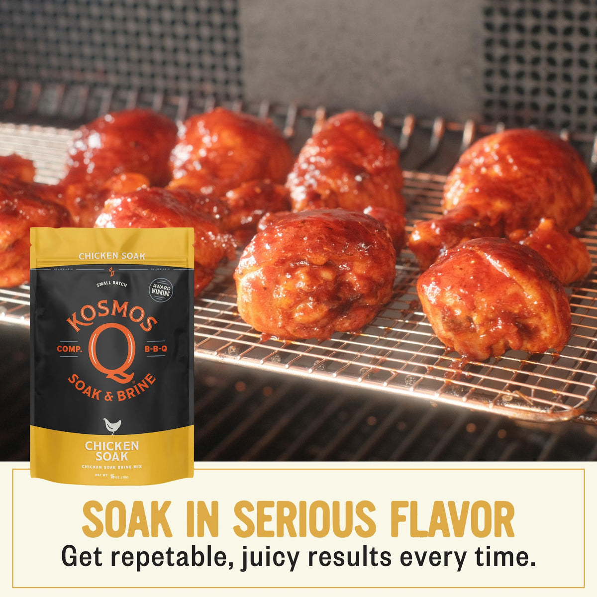 Kosmos Q brine soak on grill-ready chicken for smoky, tender results.