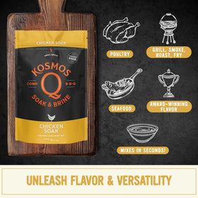 Kosmos Q brine soaking chicken for juicy, flavorful whole birds.