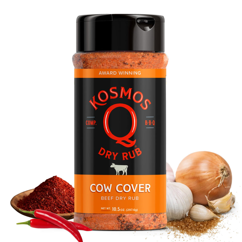 Kosmos Q Cow Cover bottle front displaying smoky beef seasoning for grilling