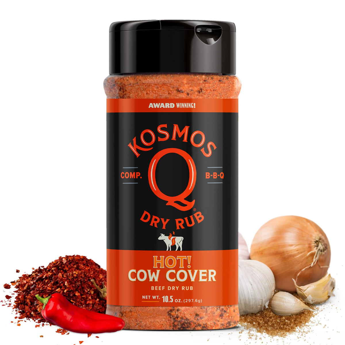 Kosmos Q Cow Cover HOT shaker bottle applying bold spice to meat