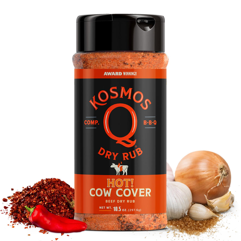 Kosmos Q Cow Cover HOT shaker bottle applying bold spice to meat