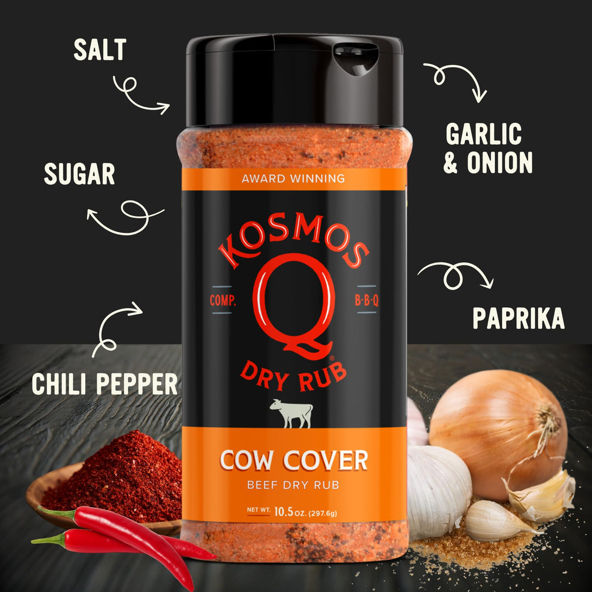 Kosmos Q Cow Cover shaker top ensuring even coverage on meat