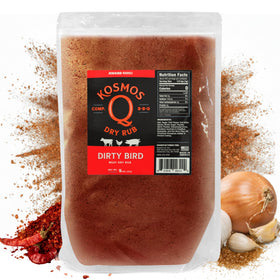 Kosmos Q Dirty Bird bottle front with sweet heat rub, ideal for grilling chicken.