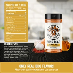 Kosmos Q Honey Bbq Wing Dust on wings adds sweet-smoky flavor for crowds.