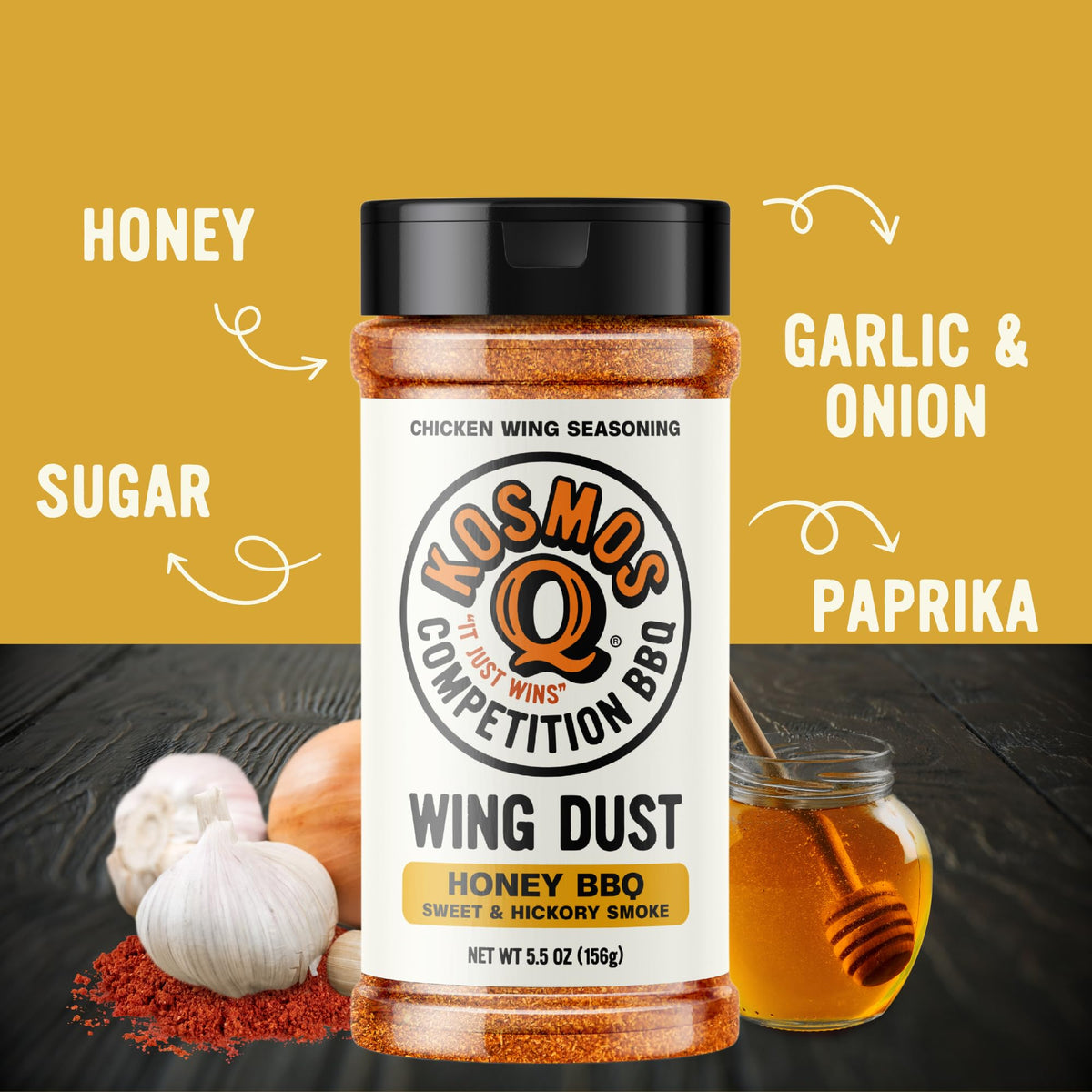 Kosmos Q Honey Bbq Wing Dust pour shows easy, mess-free seasoning.