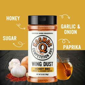 Kosmos Q Honey Bbq Wing Dust pour shows easy, mess-free seasoning.