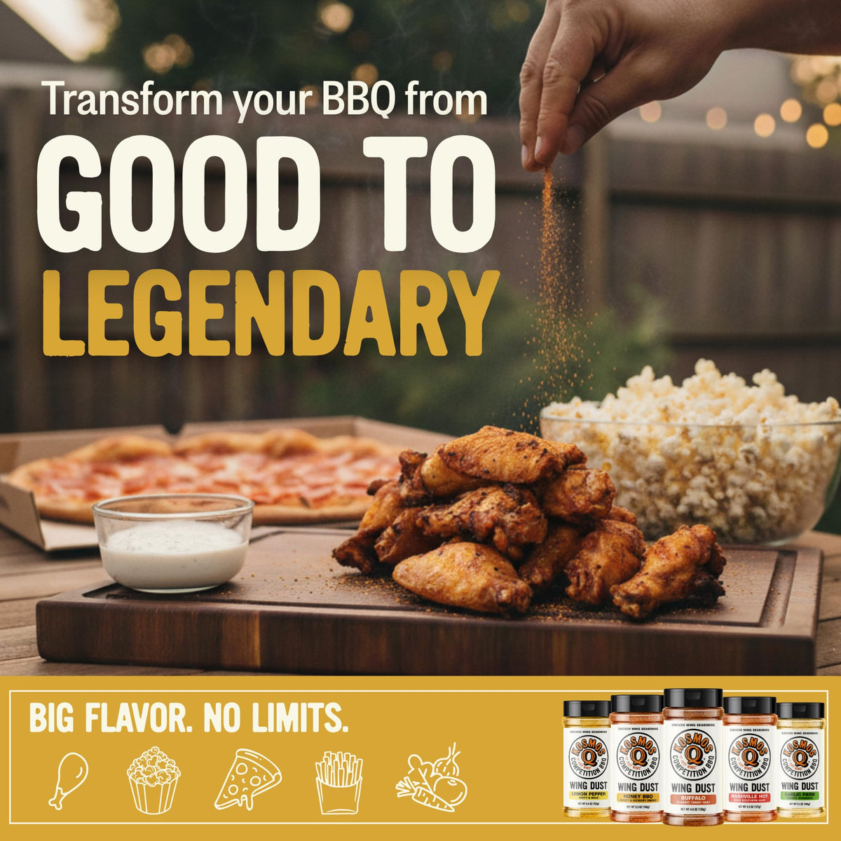 Kosmos Q Honey Bbq Wing Dust on ribs creates a glossy, flavorful coating.