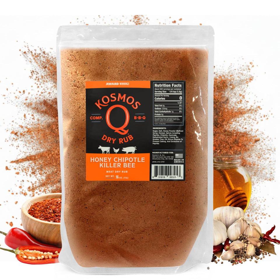 Kosmos Q Honey Chipotle Killer Bee bottle label shows sweet heat for grilling