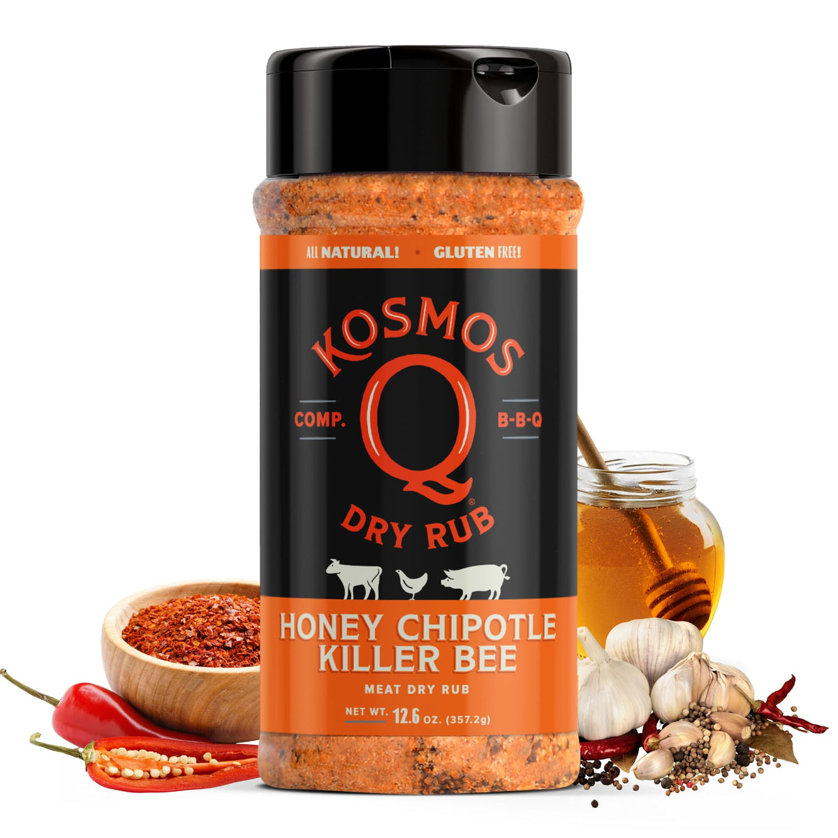 Kosmos Q Honey Chipotle Killer Bee bottle pour adds sweet heat to grilled meats
