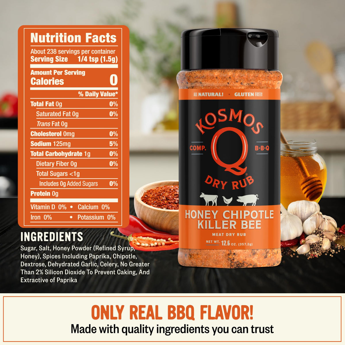 Kosmos Q Honey Chipotle Killer Bee shaker container ensures even seasoning on pork, chicken, and beef
