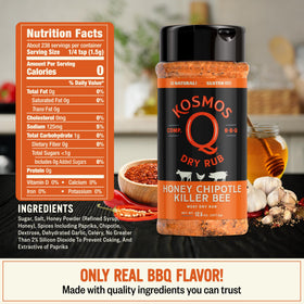 Kosmos Q Honey Chipotle Killer Bee shaker container ensures even seasoning on pork, chicken, and beef