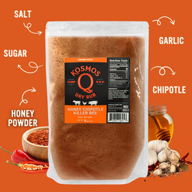Kosmos Q Honey Chipotle Killer Bee shaker for even coating on ribs