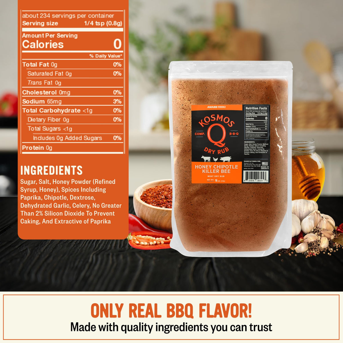 Kosmos Q Honey Chipotle Killer Bee spices closeup with garlic and paprika