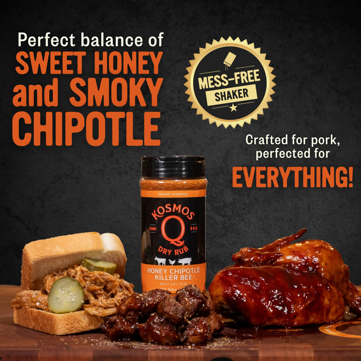 Kosmos Q Honey Chipotle Killer Bee pulled pork seasoned for juicy flavor