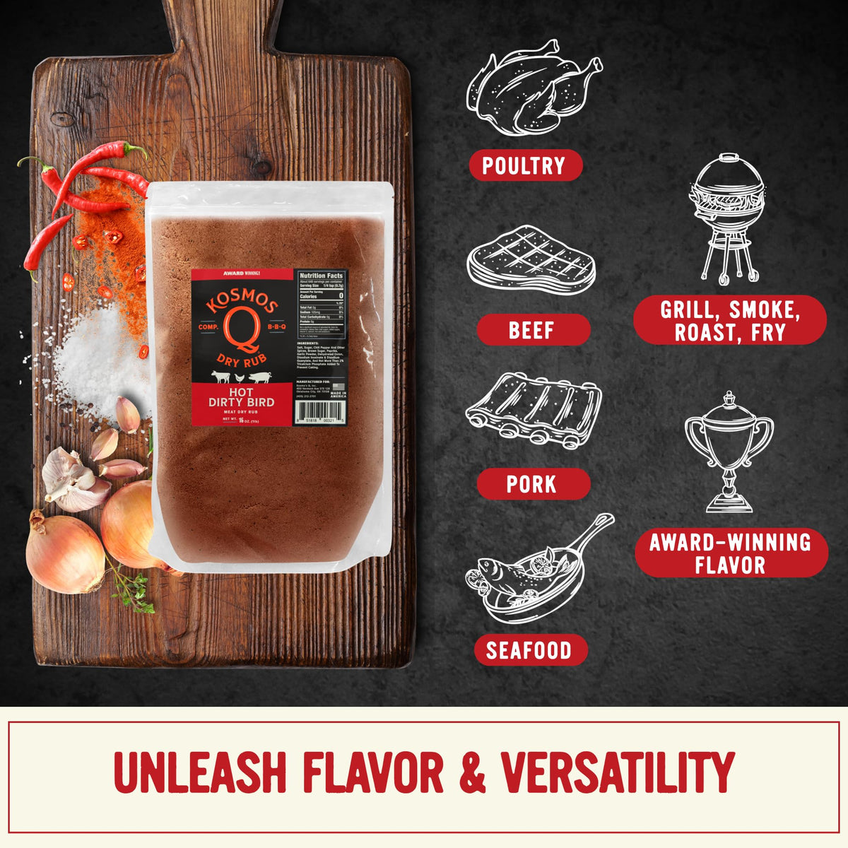 Kosmos Q Hot Dirty Bird drumsticks roasted with bold savory crust