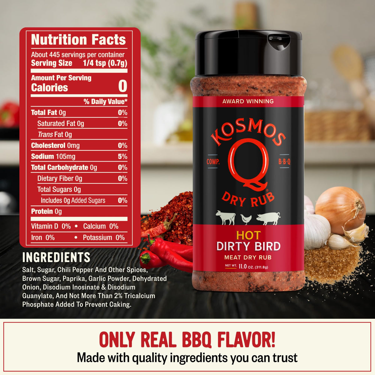 Kosmos Q Hot Dirty Bird spice grain closeup highlighting smoky heat