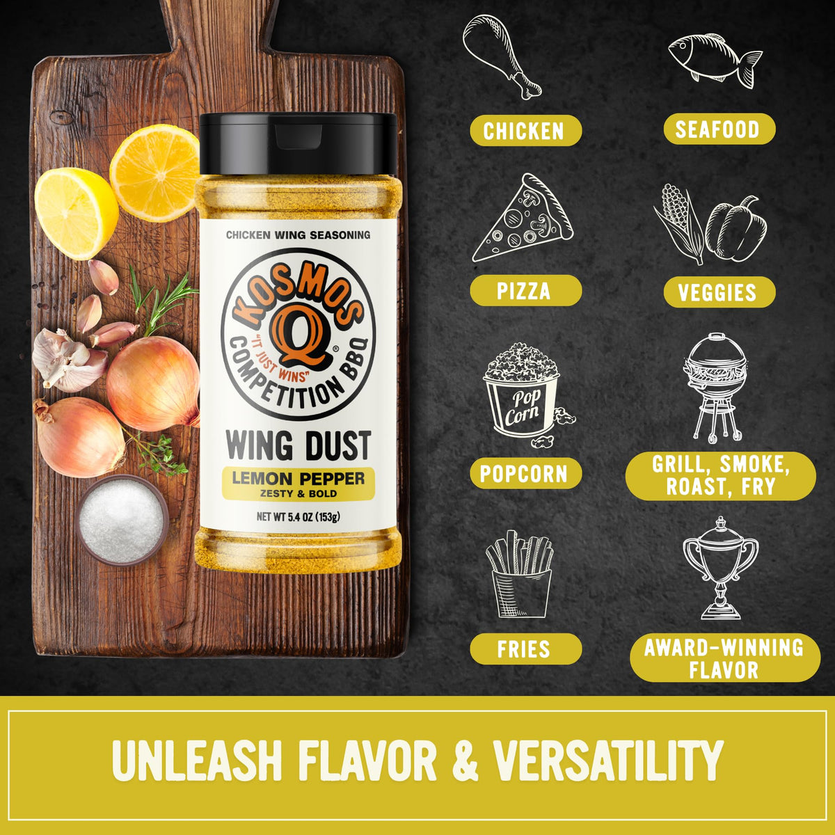 Kosmos Q Lemon Pepper dust on fries creates bold flavor without sauce.