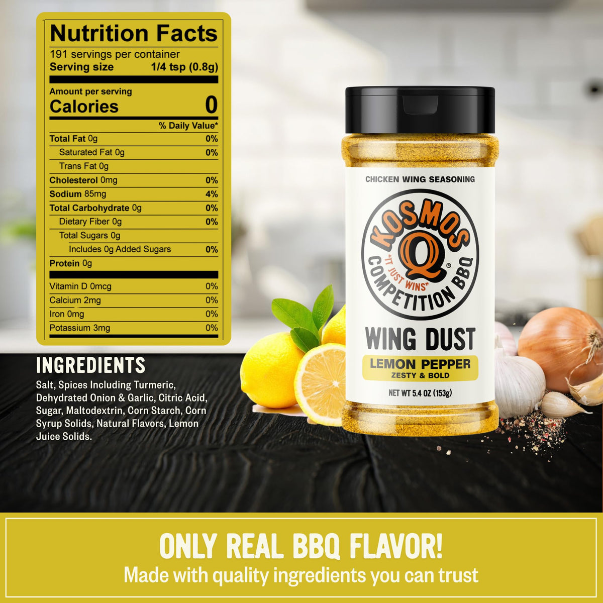 Kosmos Q Lemon Pepper Seasoning on wings adds citrus heat and savory depth.