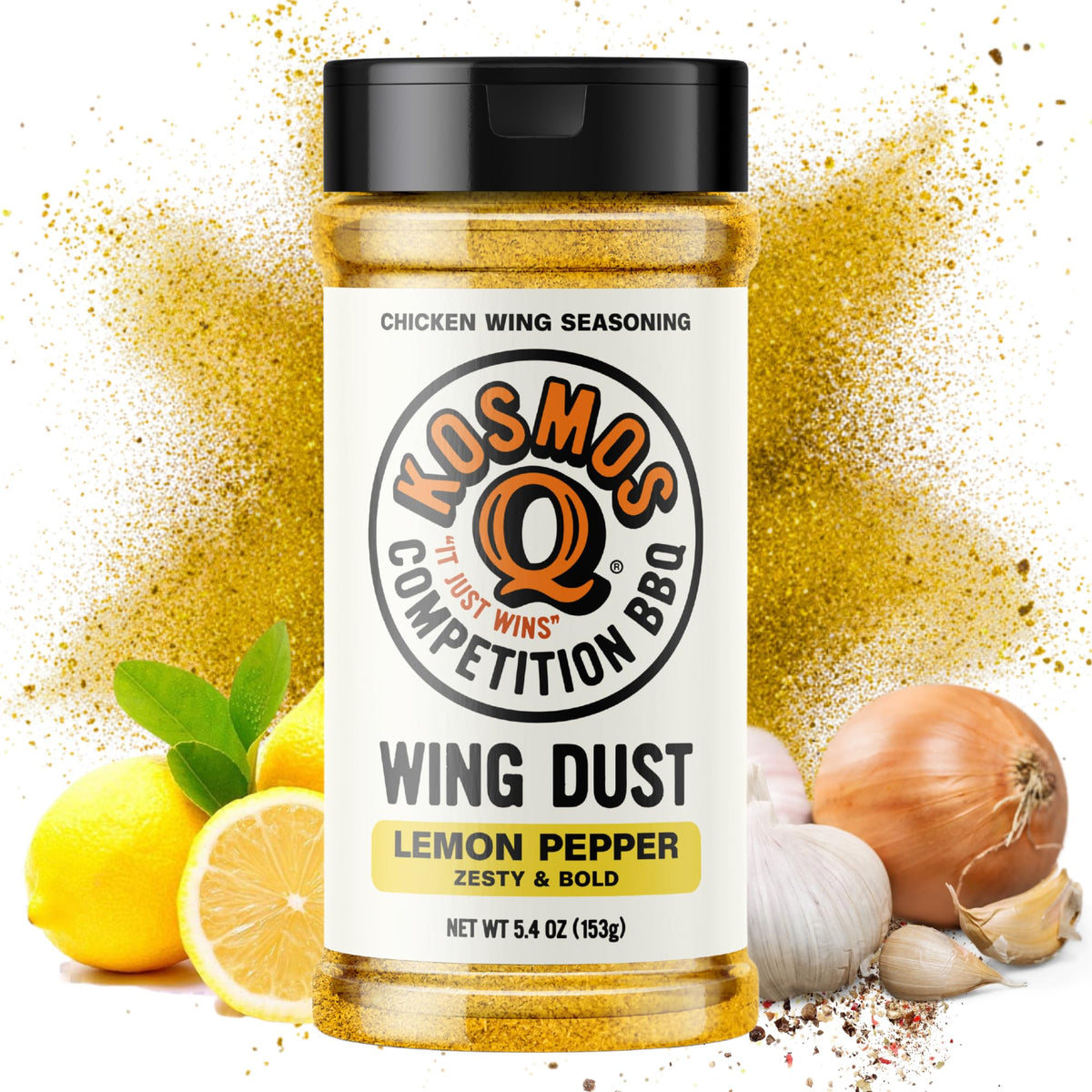 Kosmos Q Lemon Pepper Wing Dust bottle delivering bright citrus and peppery crunch.