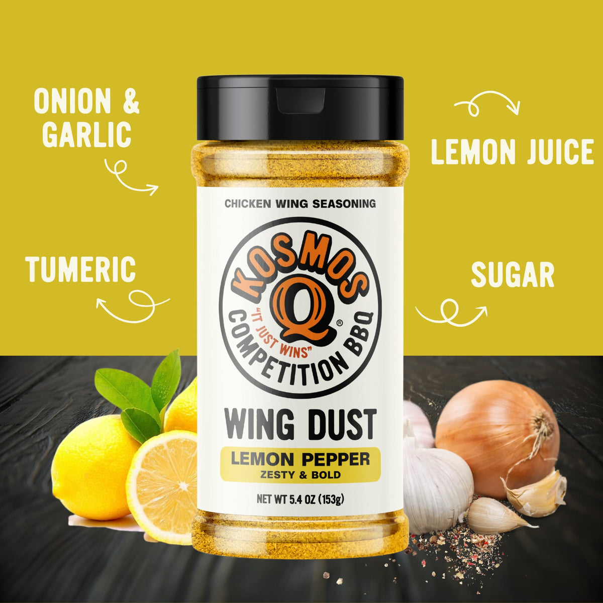 Kosmos Q Lemon Pepper Wing Dust being poured, showing quick, mess-free flavor application.