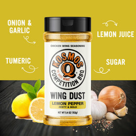 Kosmos Q Lemon Pepper Wing Dust being poured, showing quick, mess-free flavor application.