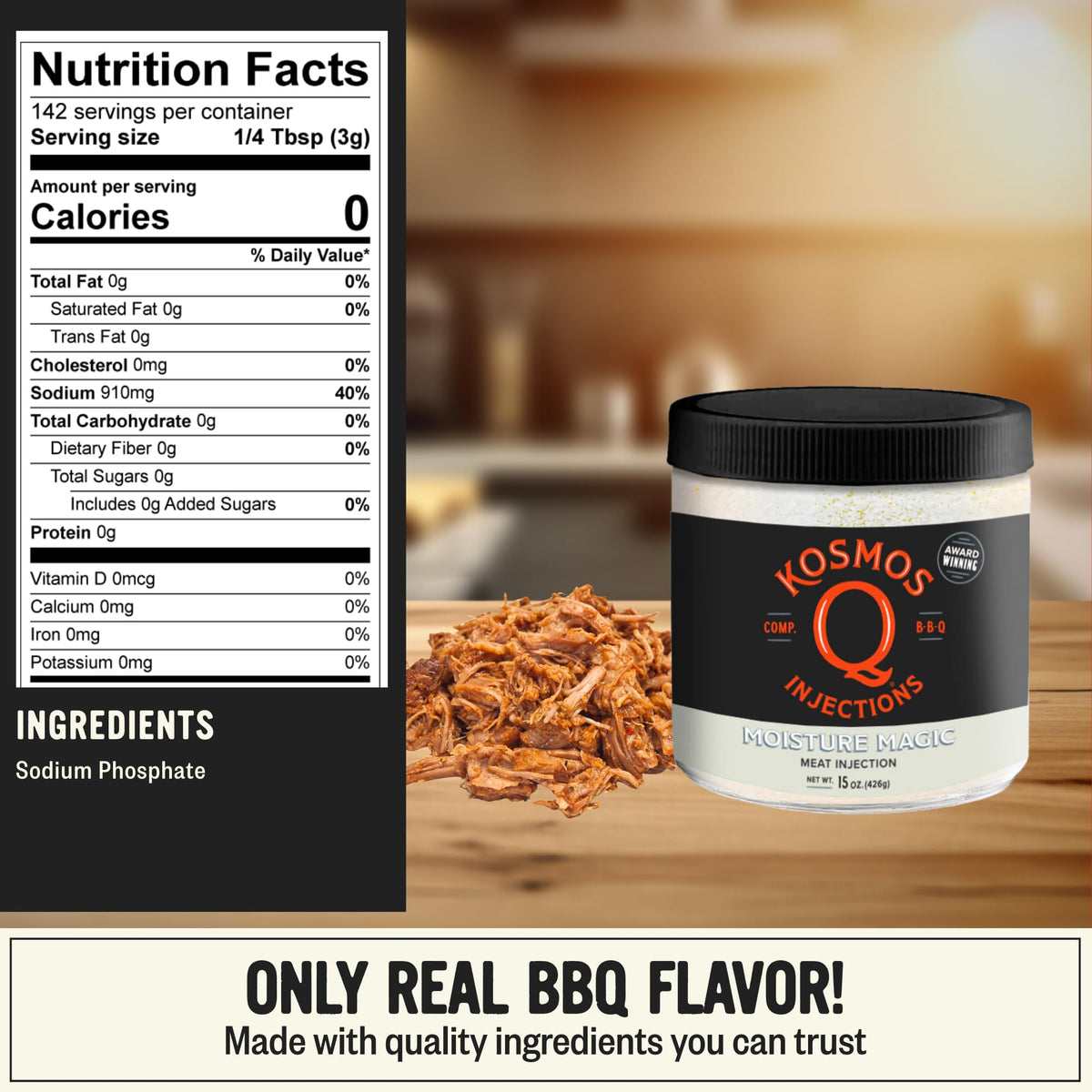 Kosmos Q Moisture Magic jar front showing gluten-free marinade versatility.