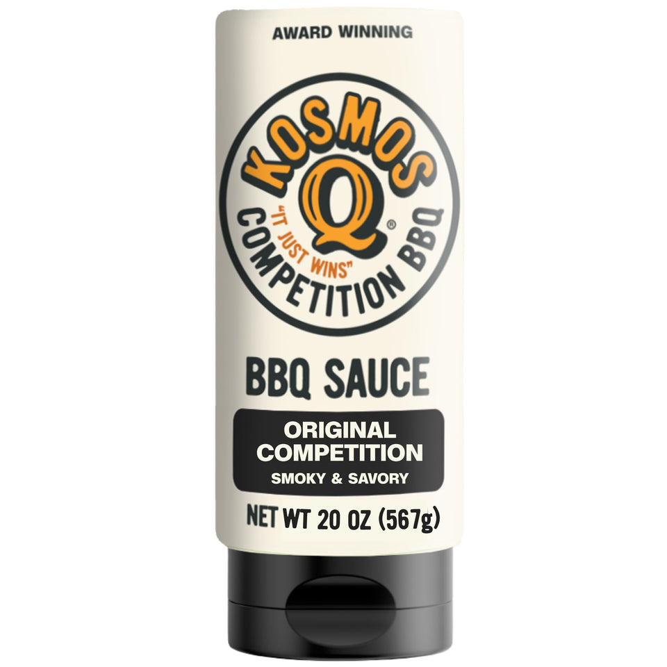 Kosmos Q Original Competition BBQ Sauce bottle on a wooden table, ready to enhance grilled meals