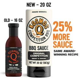 Kosmos Q Original Competition BBQ Sauce being poured over ribs for a glossy glaze