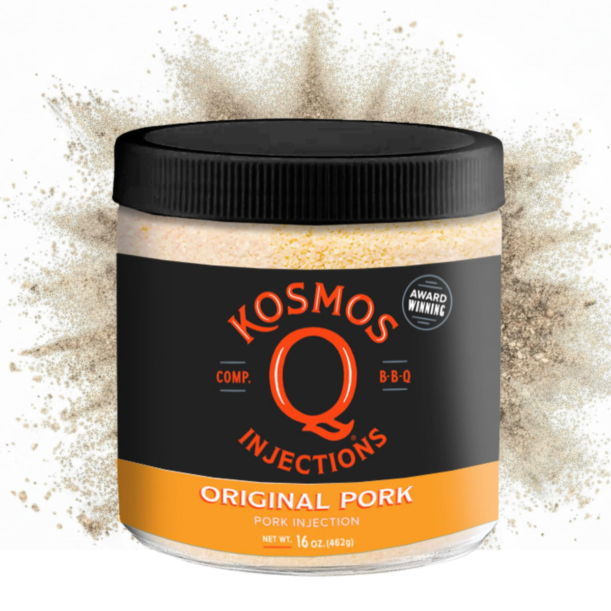 Kosmos Q Original Pork Injection jar on shelf for flavorful, juicy barbecue