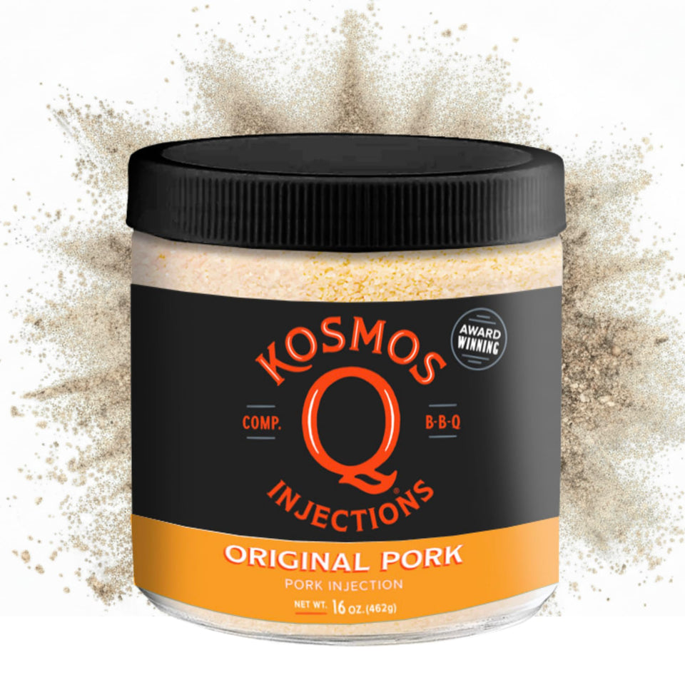 Kosmos Q Original Pork Injection jar on shelf for flavorful, juicy barbecue