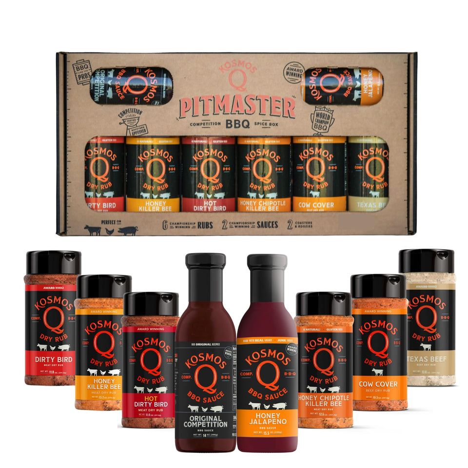 Kosmos Q Pitmaster sampler pack display with eight flavors for versatile grilling