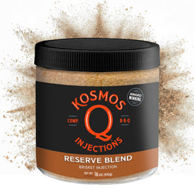 Kosmos Q Reserve Blend Brisket Injection bottle emphasizes moisture retention for juicy brisket