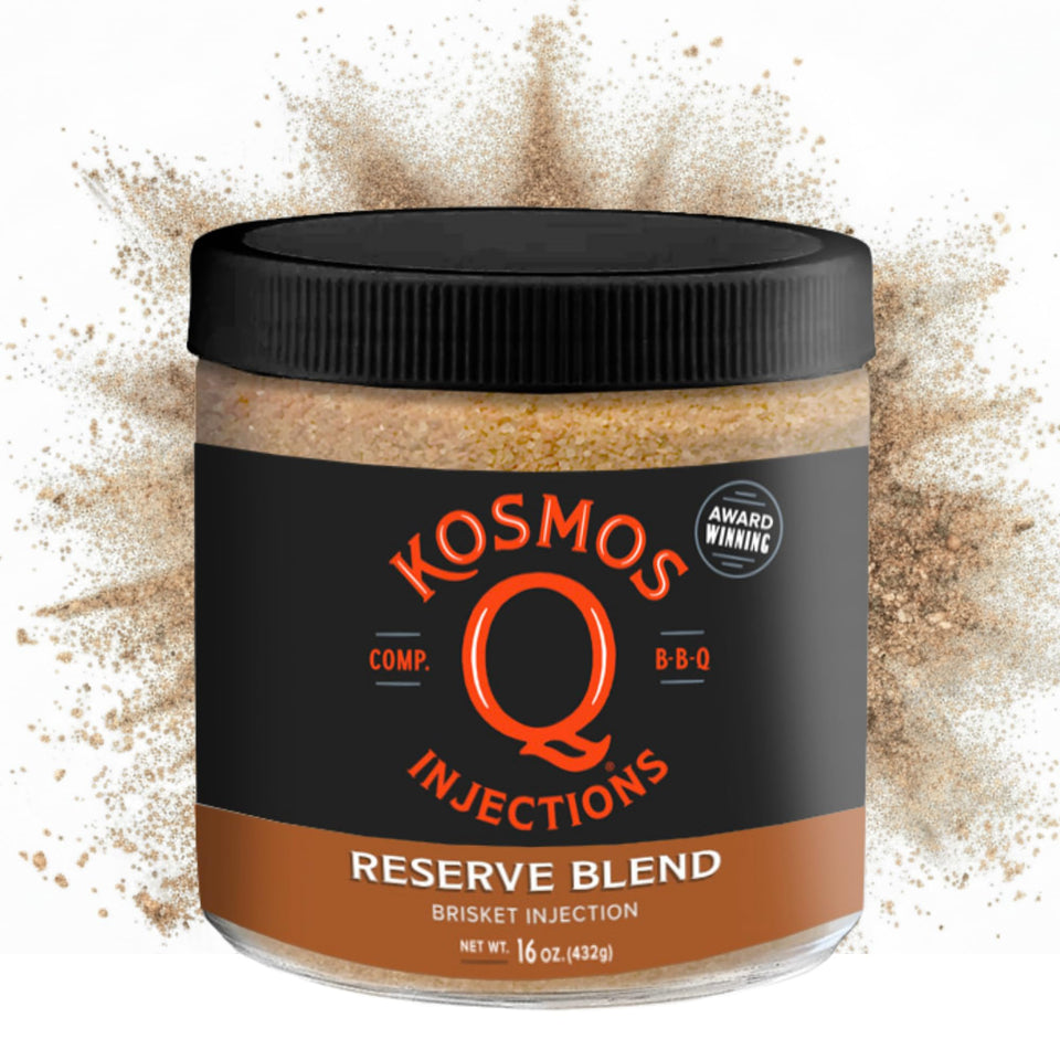 Kosmos Q Reserve Blend Brisket Injection bottle emphasizes moisture retention for juicy brisket