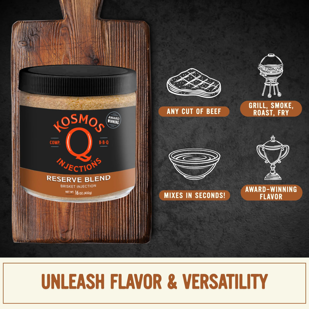 Kosmos Q Reserve Blend Brisket Injection measure cup shows easy mixing and dosing
