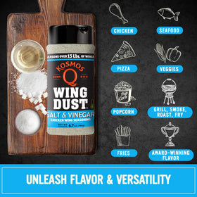 Kosmos Q Salt & Vinegar Wing Dust being sprinkled on wings for bold flavor