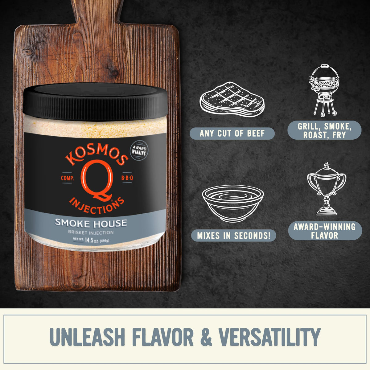 Kosmos Q Smoke House Reserve moisture-lock keeps beef juicy during long cooks.
