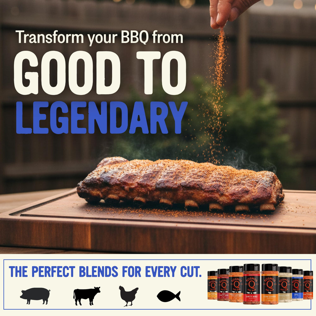 Kosmos Q SPG rub suits seafood like grilled shrimp or fish