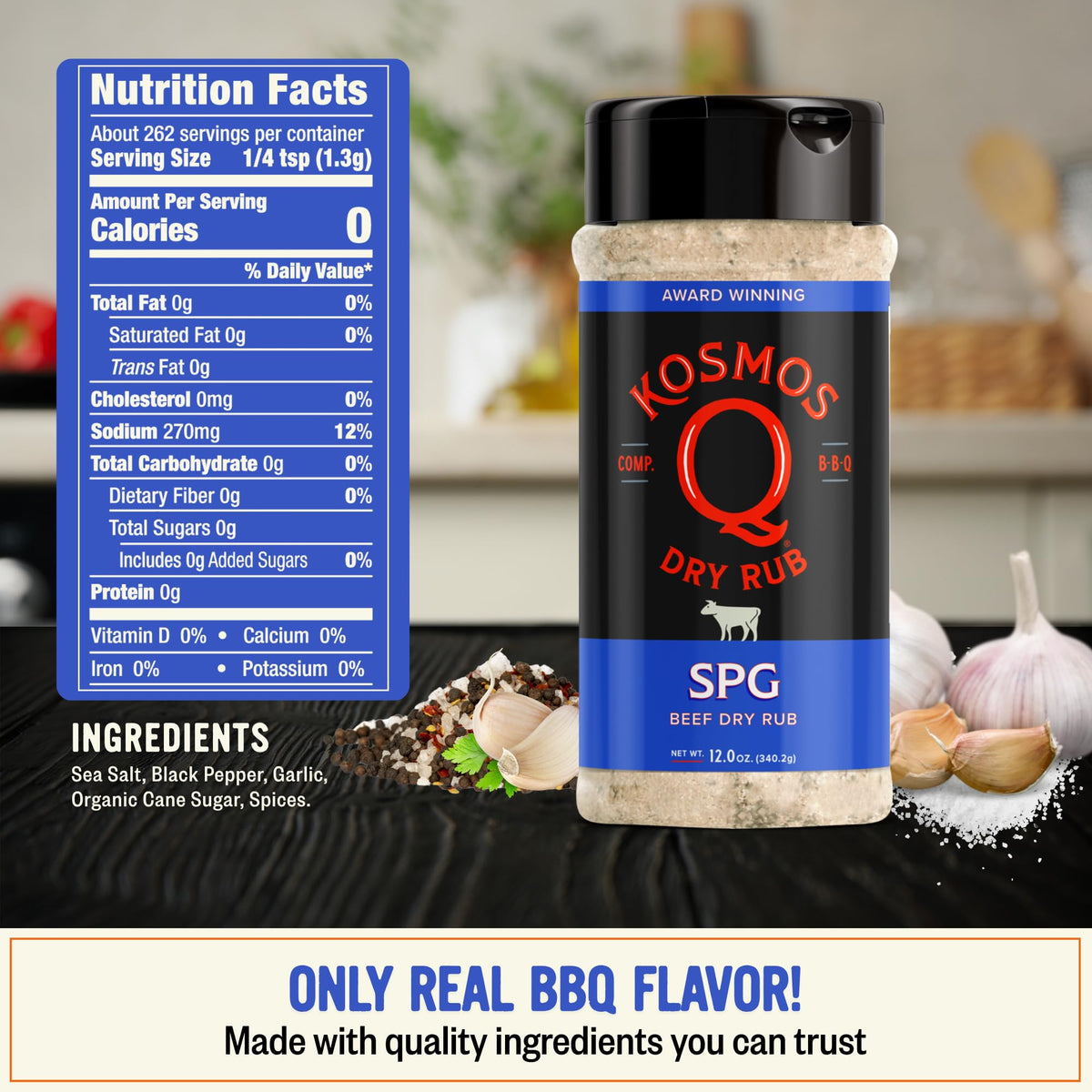 Kosmos Q SPG rub being sprinkled for even coverage on meat