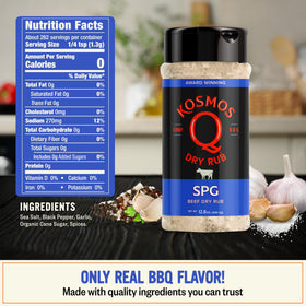 Kosmos Q SPG rub being sprinkled for even coverage on meat