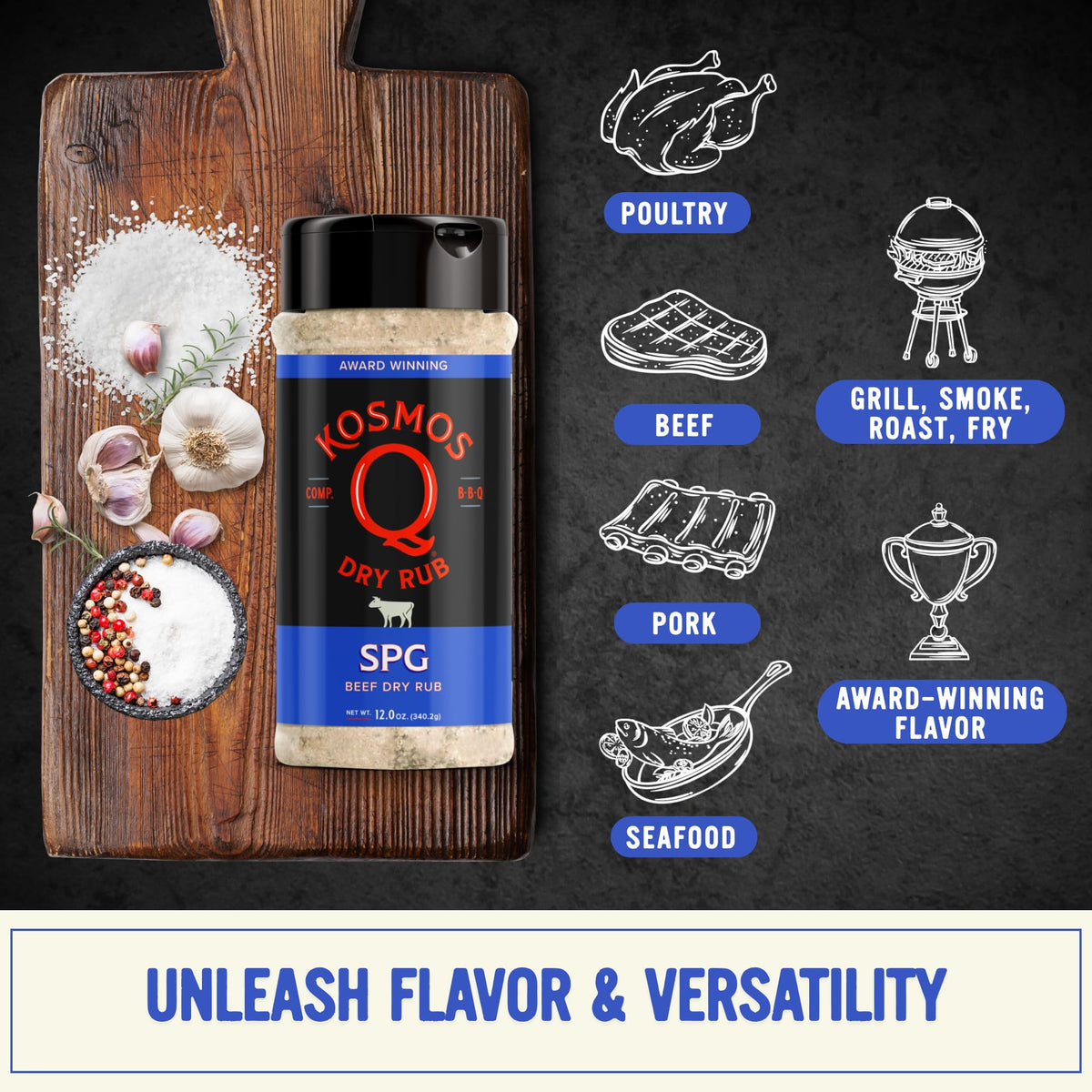 Kosmos Q SPG rub on steak developing a rich crust