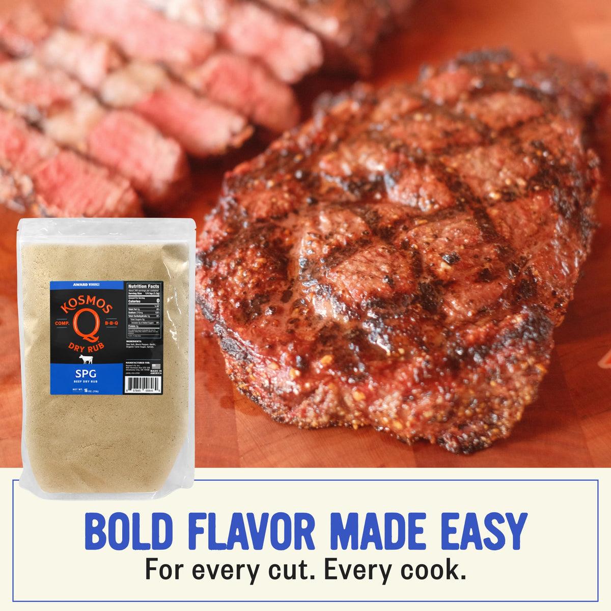 Kosmos Q SPG seasoning on chicken pan highlights juicy tasting notes