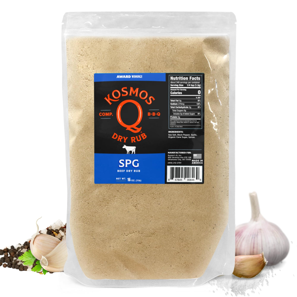 Kosmos Q SPG seasoning jar closeup showing salt pepper garlic blend for versatile meat flavor