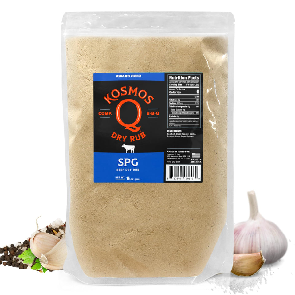 Kosmos Q SPG seasoning jar closeup showing salt pepper garlic blend for versatile meat flavor
