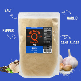 Kosmos Q SPG seasoning shaker front view highlighting all-natural salt pepper garlic mix