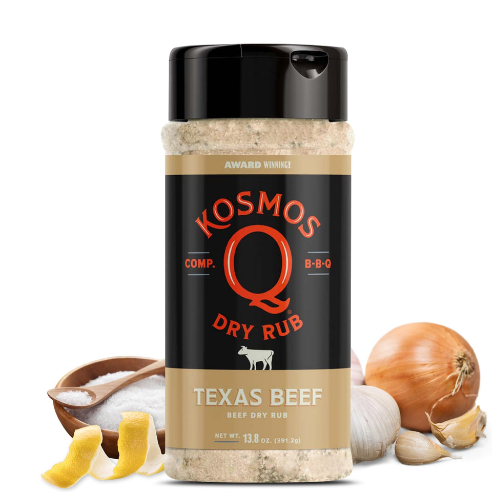 Kosmos Q Texas Beef Dry Rub bottle front showing bold beef flavor potential