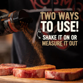 Kosmos Q Texas Beef Dry Rub countertop setup for barbecue