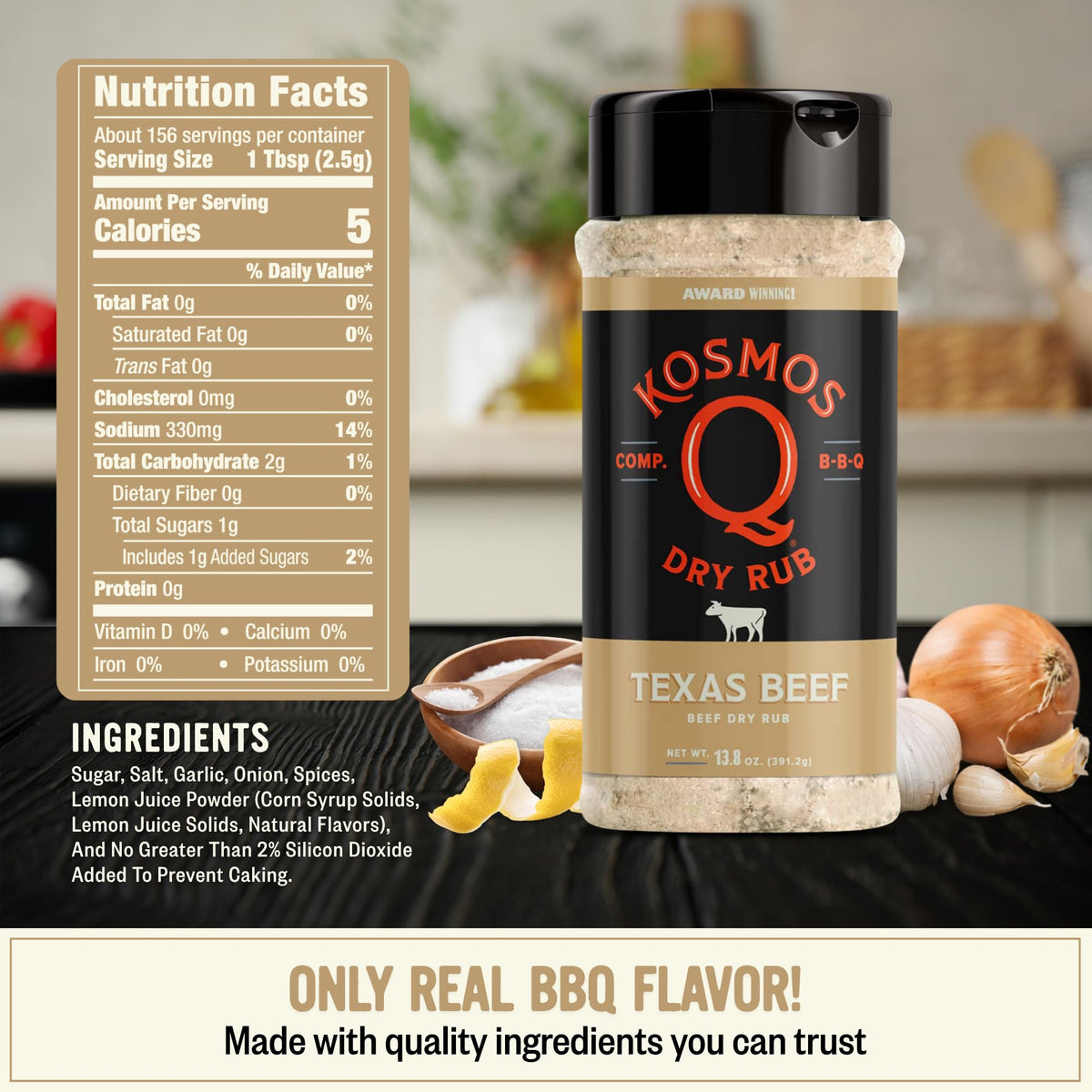 Kosmos Q Texas Beef Dry Rub label close-up highlighting ingredients and lemon note